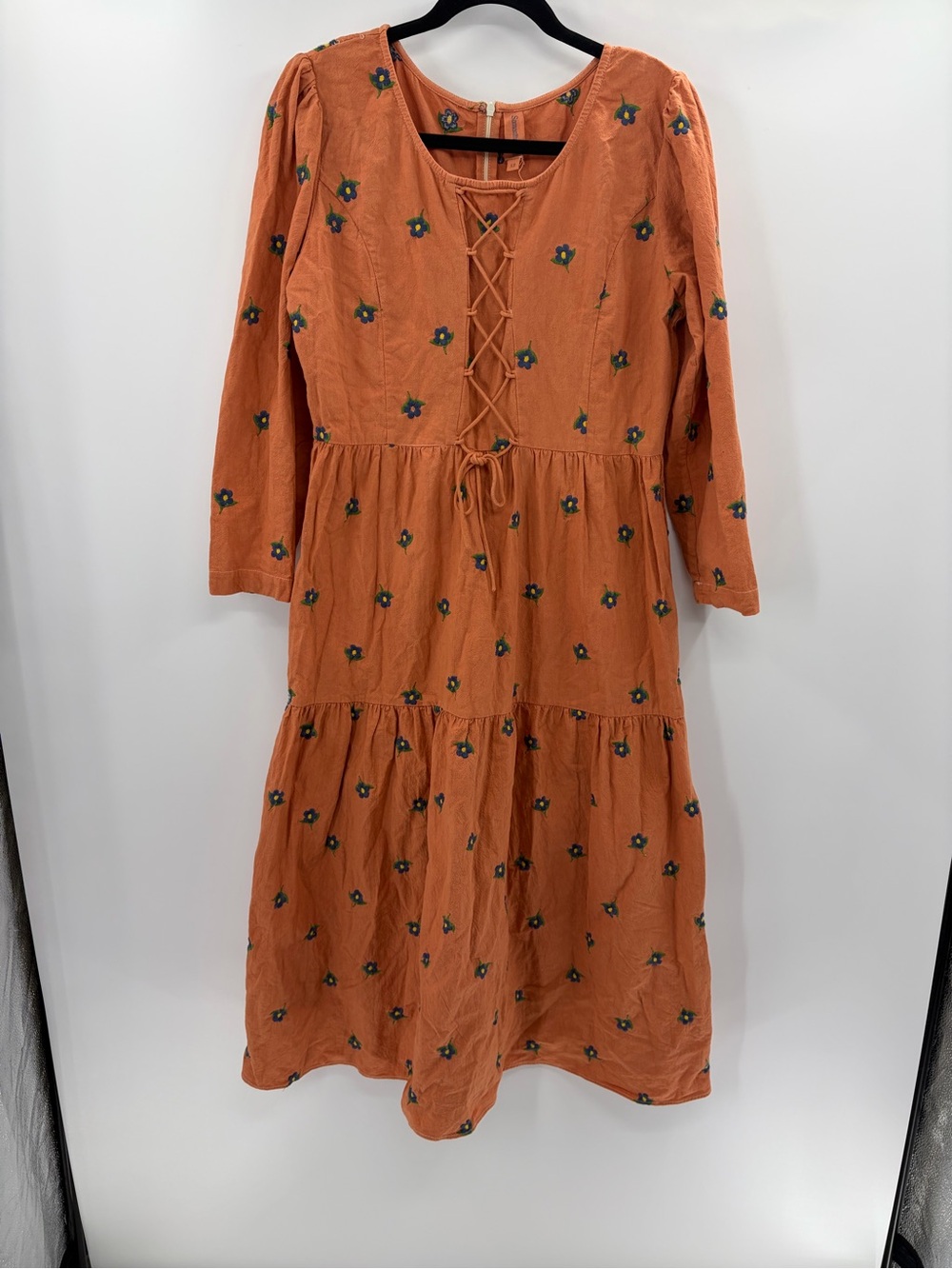 Samantha Pleet orange Embroidered Floral Lace Up Long Sleeve boho Midi dress 12